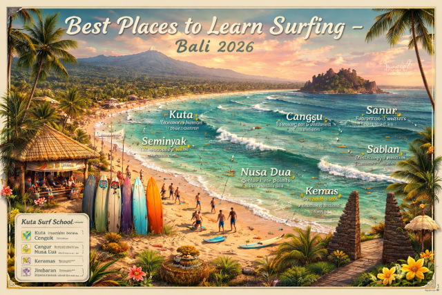 Los mejores lugares para aprender a surfear en Bali (2026): Una guía poética de olas, warungs y sabiduría.